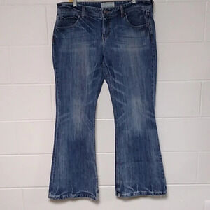 MAURICES, MOLLI FLARE, MEDIUM BLUE DISTRESSED DENIM, MIDRISE JEANS
